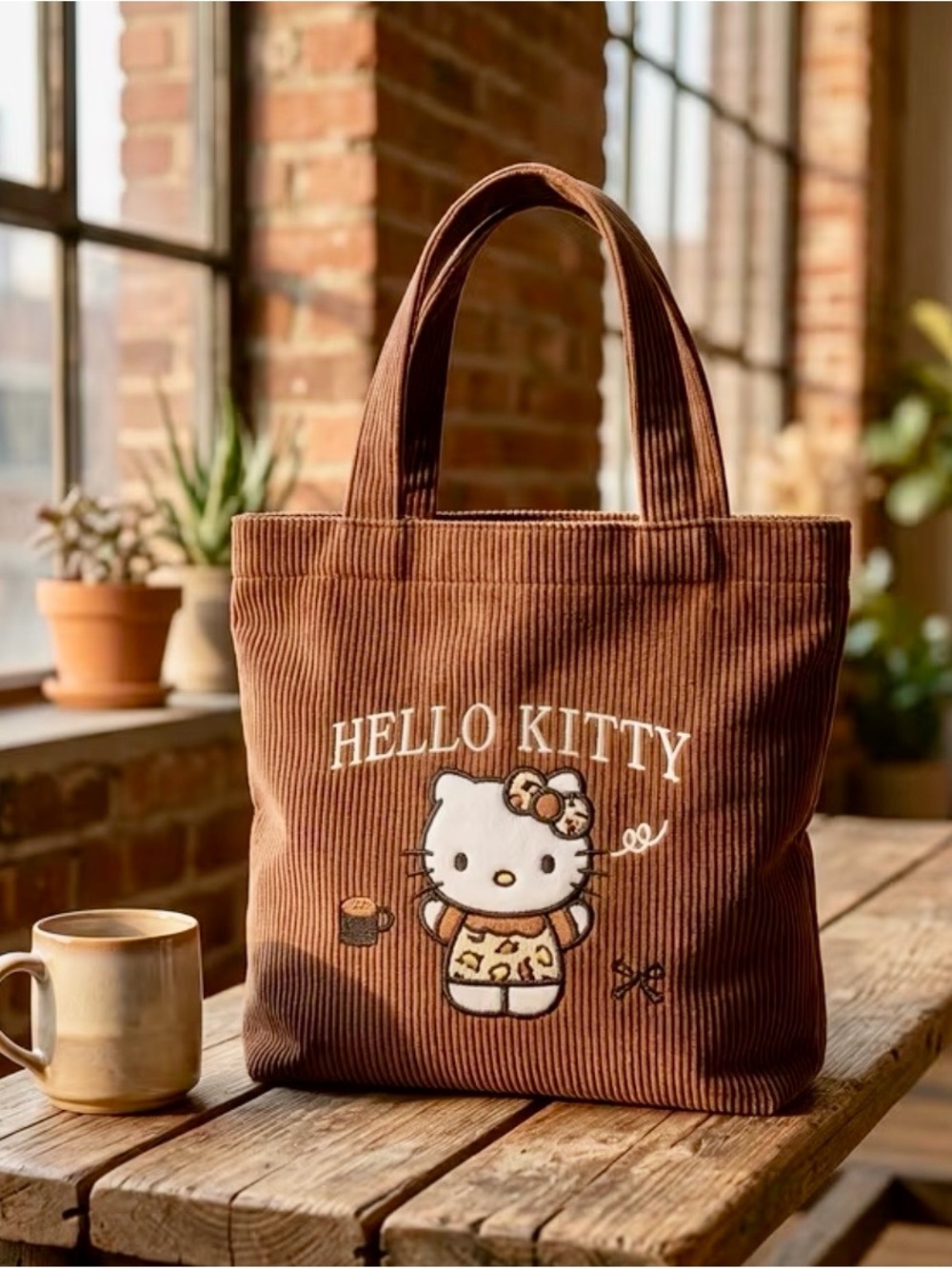 Official Hello Kitty Brown Corduroy Tote with Embroidered Graphic